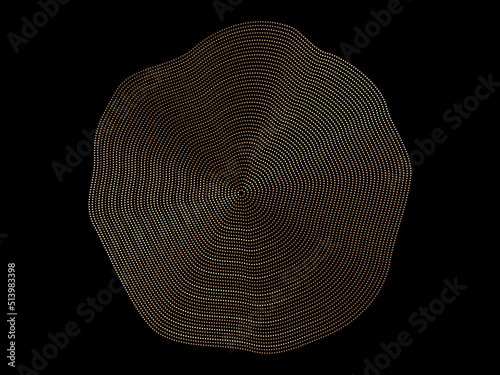 Abstract luxury flowing wave dots pattern in circle shape  in circle shape spin gold light isolated on black background in the concept of music, technology, digital, innovation, A.I.