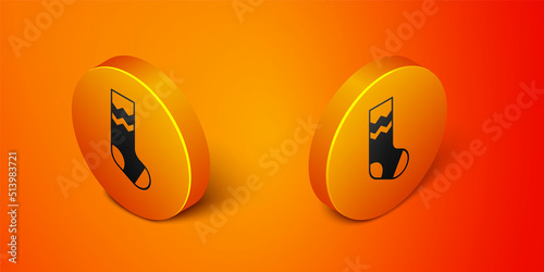 Isometric Socks icon isolated on orange background. Orange circle button. Vector
