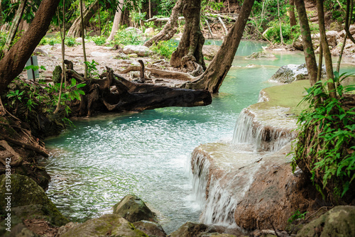 beautiful emerald waterfalls green forest mountains guiding for backpacker Thailand destinations backpacking camping relaxing hiking at Erawan waterfall national park, Sinakharin Dam, Kanchanaburi. photo