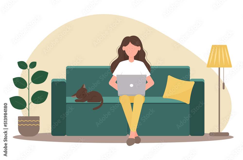 Girl working on a laptop sitting on the couch with a sleeping cat. Freelance, work from home, study. Vector illustration in flat style Girl working on a laptop sitting on the couch with a sleeping cat. Freelance, work from home, study. Vector illustration in flat style