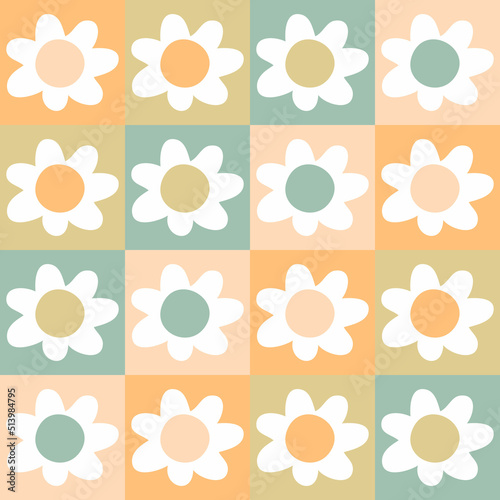 Simple seamless pattern with flowers in hippie aesthetic style. Floral background for T-shirt, poster, card and print. Hand drawn vector illustration for decor and design.