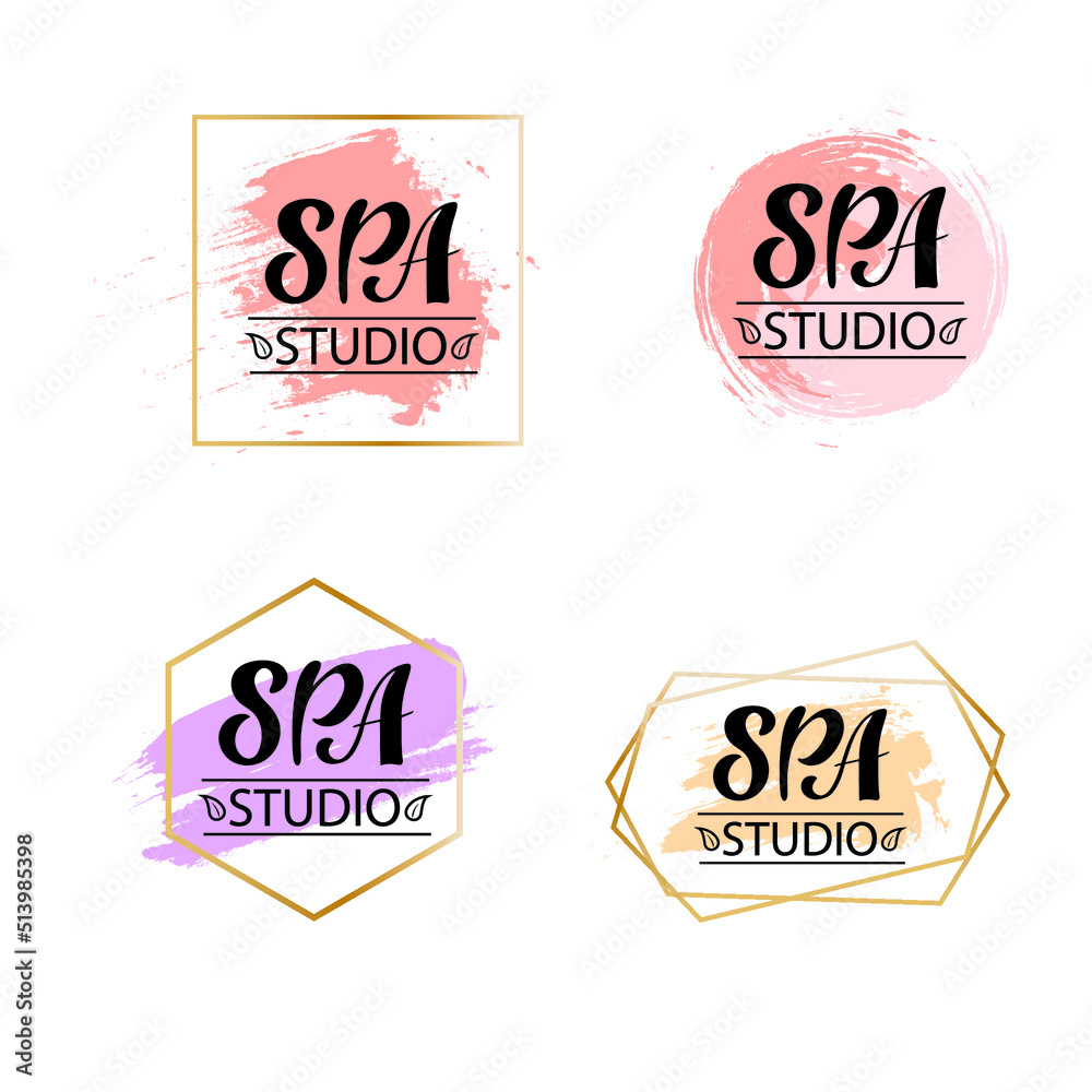 Spa studio.  Digital hand lettering. Set of 4 logotypes. Logo for company cosmetic business packaging. Black letters on the pastel color in golden geometric frames. Fashion luxury logotype emblem.