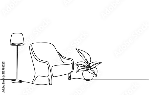 Continuous line drawing of furniture for living room interior with chair lamp and potted plants. Stylish furniture for the living room interior in doodle style.