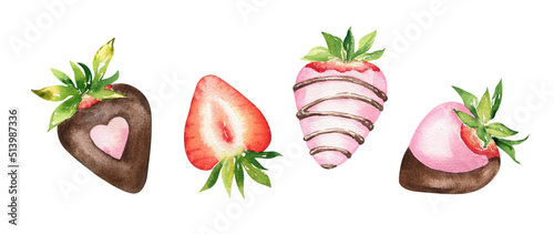 Fényképezés Set of chocolate covered strawberries illustration isolated on white background