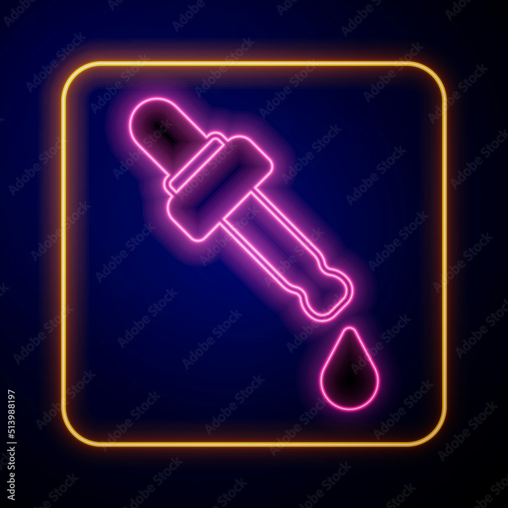 Glowing neon Pipette with oil icon isolated on black background. Organic aromatherapy essence. Skin care serum glass drop package. Vector Glowing neon Pipette with oil icon isolated on black background. Organic aromatherapy essence. Skin care serum glass drop package. Vector
