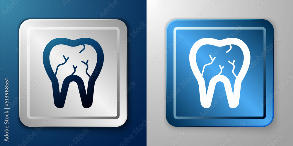 White Broken tooth icon isolated on blue and grey background. Dental problem icon. Dental care symbol. Silver and blue square button. Vector White Broken tooth icon isolated on blue and grey background. Dental problem icon. Dental care symbol. Silver and blue square button. Vector