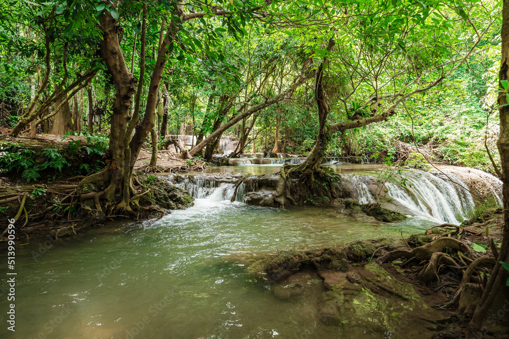 Fototapeta premium beautiful emerald waterfalls green forest mountains guiding for backpacker Thailand destinations backpacking camping relaxing hiking at Huai Mae Khamin waterfall national park, Kanchanaburi.