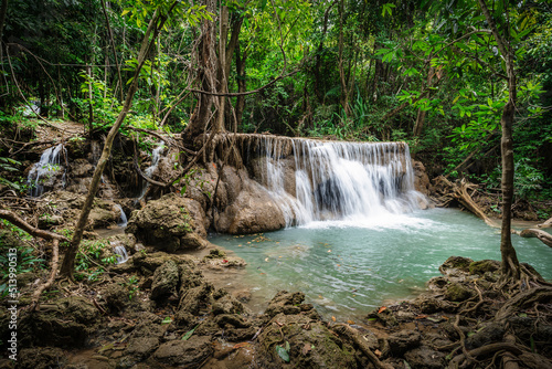 beautiful emerald waterfalls green forest mountains guiding for backpacker Thailand destinations backpacking camping relaxing hiking at Huai Mae Khamin waterfall national park  Kanchanaburi.