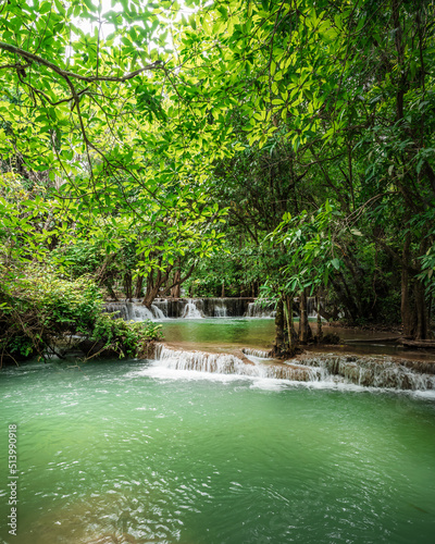 beautiful emerald waterfalls green forest mountains guiding for backpacker Thailand destinations backpacking camping relaxing hiking at Huai Mae Khamin waterfall national park  Kanchanaburi.