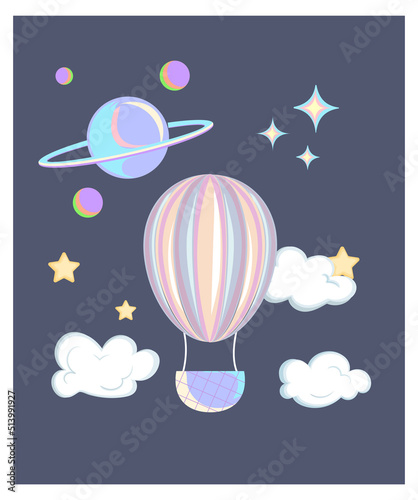 Nursery illustration elements for children and toddlers, hot air balloon flying high above cloud into the space and stars, colorful and dreamy children vector