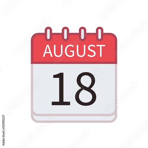 Calendar icon of 18 August. Date and month. Flat vector illustration..