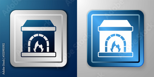 White Blacksmith oven icon isolated on blue and grey background. Silver and blue square button. Vector