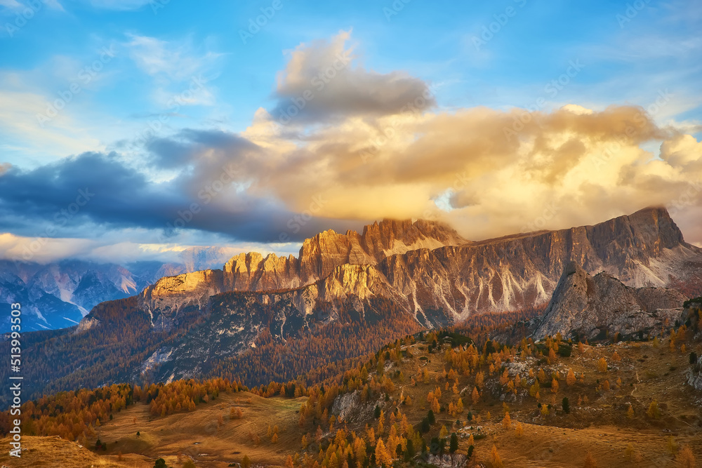 Panorama of autumn pomagagnon peaks at Cortina d'Ampezzo, Dolomites, Italy, Colorful beautiful rocks mountains.