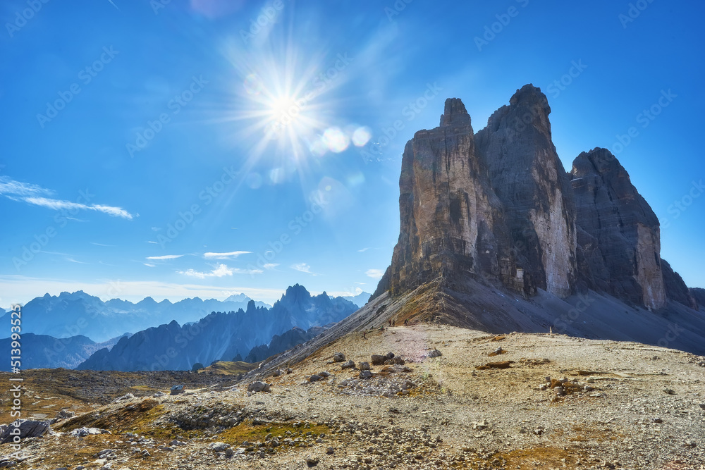 Naklejka premium famous peaks of Tre Cime di Lavaredo National park, UNESCO world heritage site in Dolomites, Italy