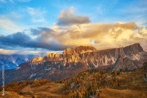 Panorama of autumn pomagagnon peaks at Cortina d'Ampezzo, Dolomites, Italy, Colorful beautiful rocks mountains. photo