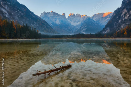 autumn mountain lake. Lago di Landro, Dolomites Alps, Italy photo