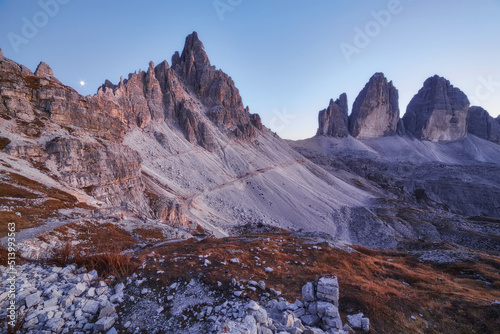 Dolomites mountain panorama at sunset - Tre Cime di Lavaredo