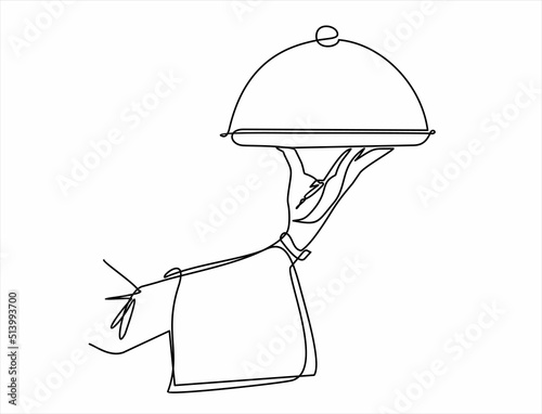 Hand Serving Tray of Food-continuous line drawing.The waiter carries food on a tray. Food in a restaurant. A hand holds a tray. 