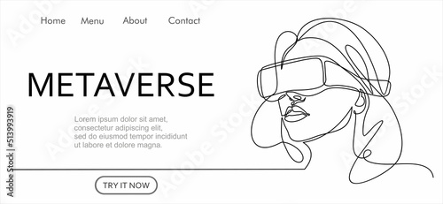 Metaverse digital cyber world technology, woman with virtual reality VR goggle continuous one line drawing. Can used for logo, emblem, slide show and banner. Illustration with quote template.  