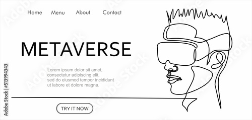 Metaverse digital cyber world technology, man with virtual reality VR goggle continuous one line drawing. Can used for logo, emblem, slide show and banner. Illustration with quote template.  