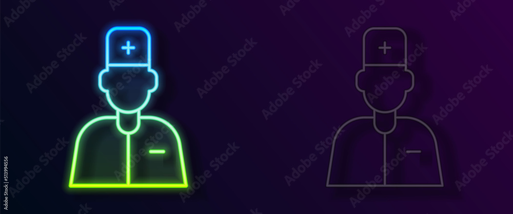 Glowing neon line Male doctor icon isolated on black background. Vector Glowing neon line Male doctor icon isolated on black background. Vector