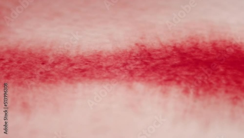 Artist brush painting on wet paper. 4K macro close up. Watercolor painting. Red color on textured paper.