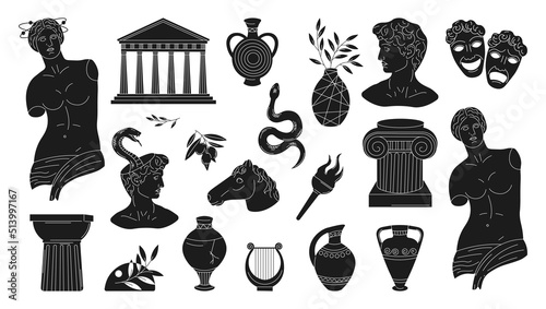 Art objects for the exhibition of classical and contemporary painting, sculpture and music. Ancient Greek. Hand illustrations, plaster bust, statues and abstract shapes. Drawings for poster.