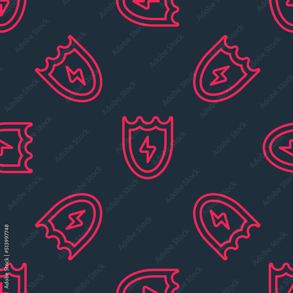 Obraz premium Red line Lightning and shield icon isolated seamless pattern on black background. High voltage shield. Safe energy. Vector