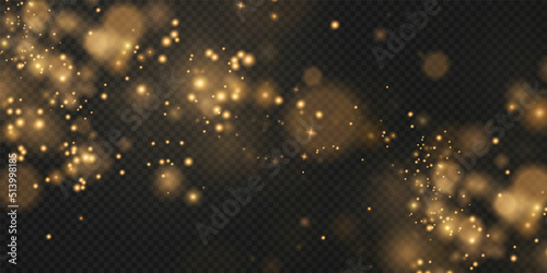 Christmas background. Powder PNG. Magic shining gold dust. Fine, shiny dust bokeh particles fall off slightly. Fantastic shimmer effect. 