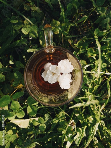 Cup of hot black tea with fresh jasmine flowers. A glass cup on grass top view.