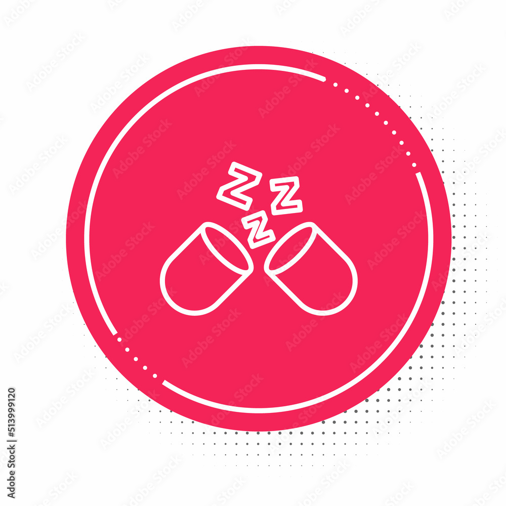 White line Sleeping pill icon isolated on white background. Red circle button. Vector White line Sleeping pill icon isolated on white background. Red circle button. Vector