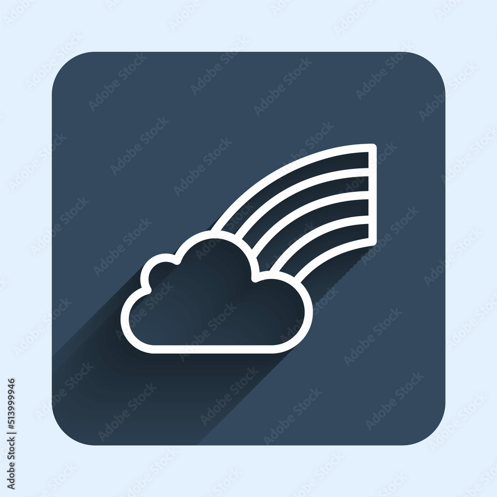 White line Rainbow with cloud icon isolated with long shadow background. Happy Saint Patricks day. National Irish holiday. Blue square button. Vector