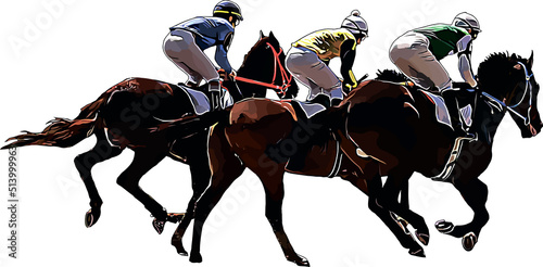 Racehorse with jockey at races. Isolated on a white background