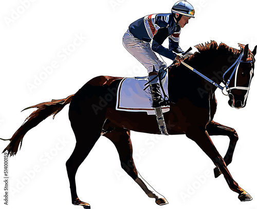 Racehorse with jockey at races. Isolated on a white background