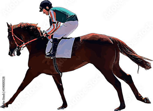 Racehorse with jockey at races. Isolated on a white background