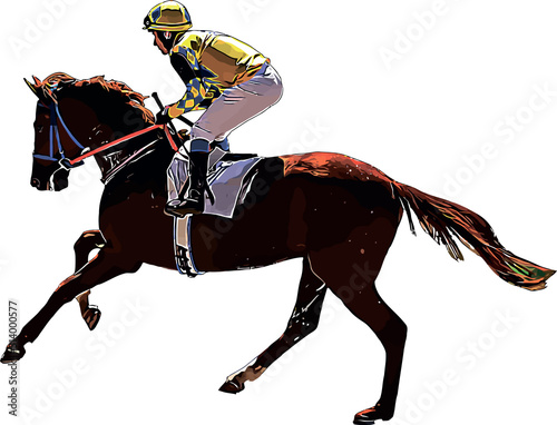 Racehorse with jockey at races. Isolated on a white background