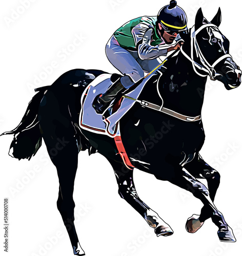Racehorse with jockey at races. Isolated on a white background