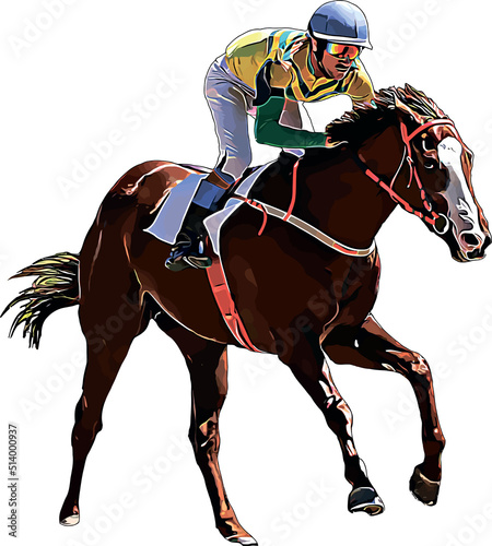 Racehorse with jockey at races. Isolated on a white background