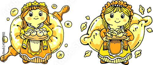 Vector illustration of women in slav costumes with dumplings and buns. Artwork with two Ukrainian female characters with flour products of national ethnic cuisine.