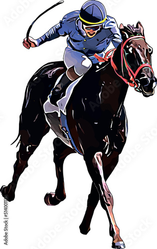 Racehorse with jockey at races. Isolated on a white background