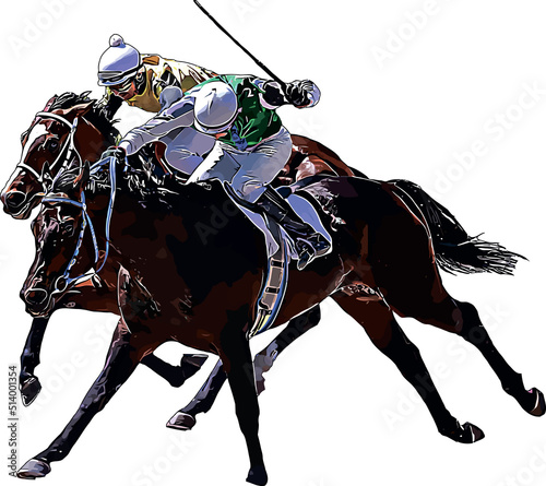 Fotografie, Tablou Racehorse with jockey at races. Isolated on a white background