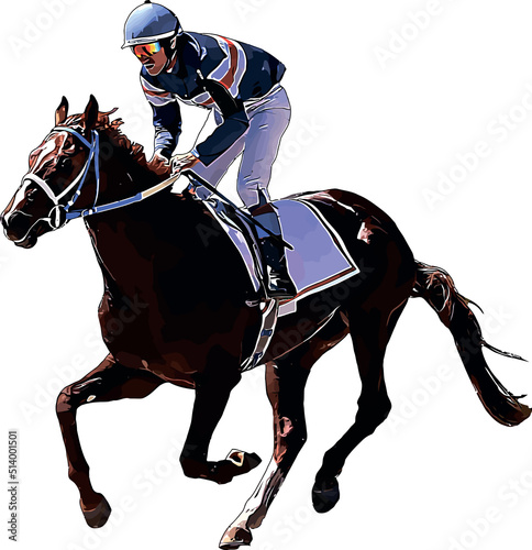 Racehorse with jockey at races. Isolated on a white background