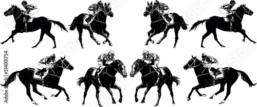 Racehorse with jockey at races. Isolated on a white background
