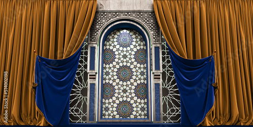 moroccan arc door with blue and golden curtains on the side and arabesque style  islamic vip concept  ramadan  eid mubarak  blue and gold curtains  3D render