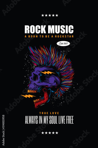 Original vector music poster in vintage style. A skull with an open mouth and a punk rock hairstyle.