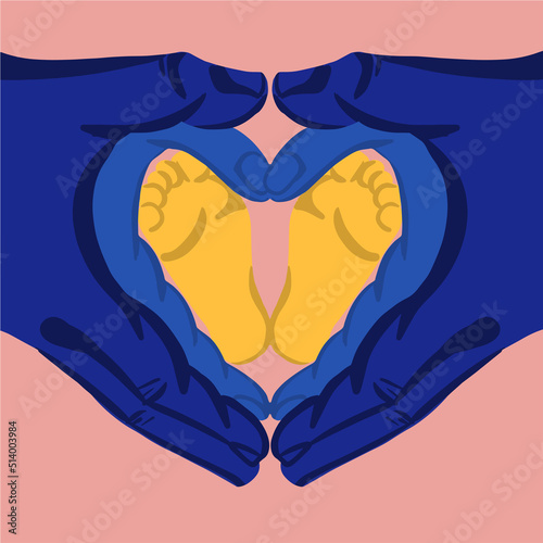 Heart shape made with hands of father, mother and a baby's feet. Concept of support, peace, family happiness. Made in blue and yellow colors in support for Ukraine.