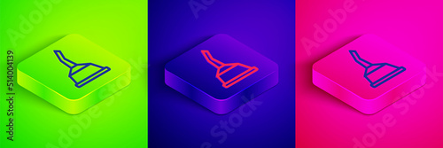 Isometric line Canister for motor machine oil icon isolated on green, blue and pink background. Oil gallon. Oil change service and repair. Square button. Vector