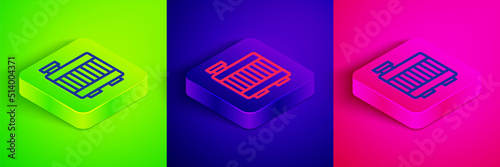Isometric line Car radiator cooling system icon isolated on green, blue and pink background. Square button. Vector