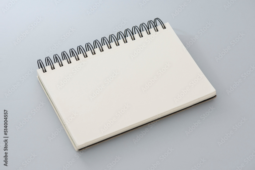 Spiral blank notebook on the gray background.