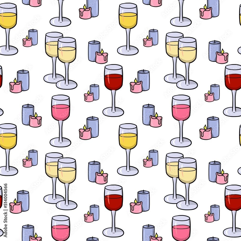 Glass tall glasses with various wines and candles, romantic evening, seamless square pattern Glass tall glasses with various wines and candles, romantic evening, seamless square pattern